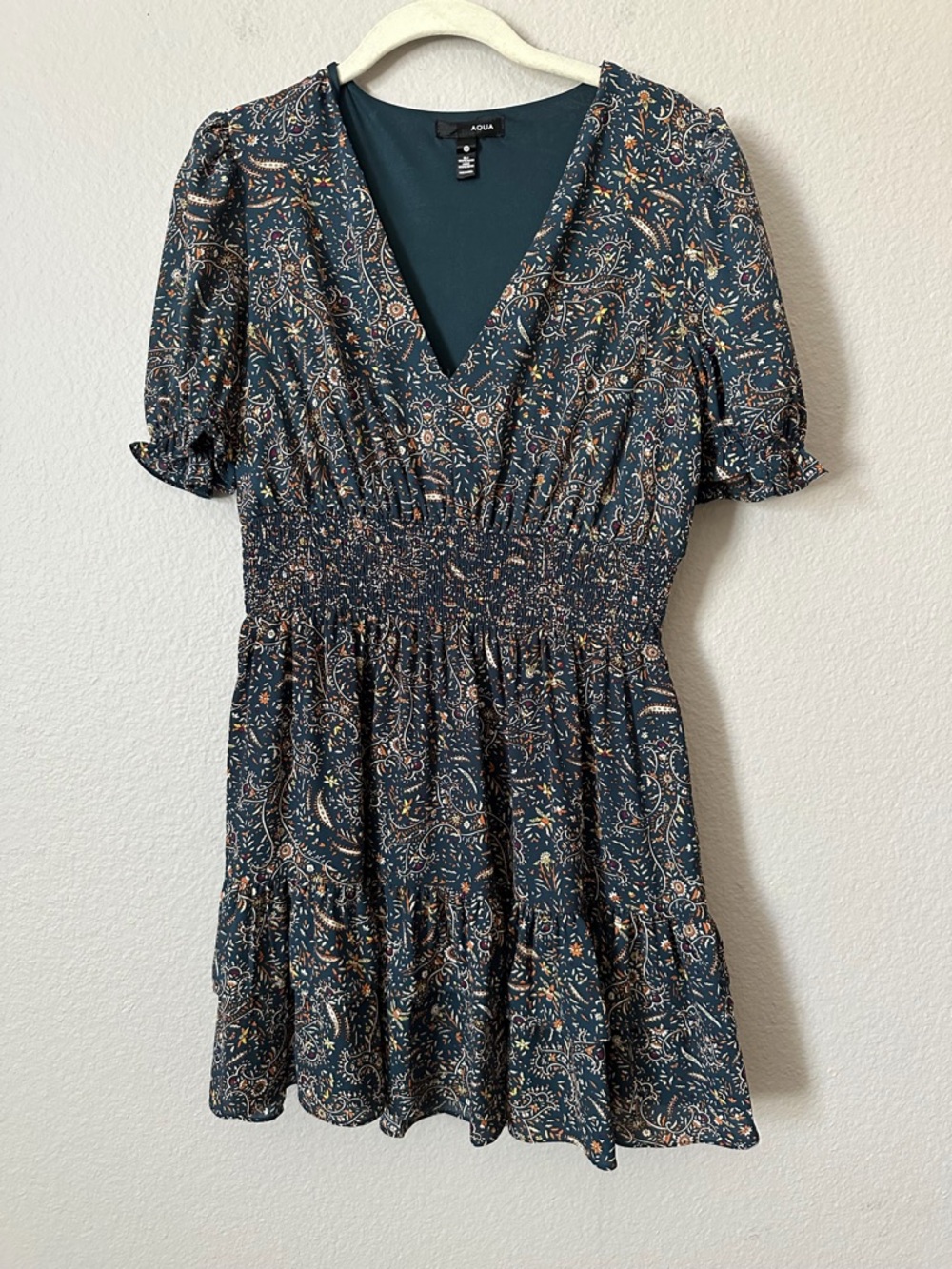 Aqua Dark Teal Paisley Puff Sleeve Mini Dress